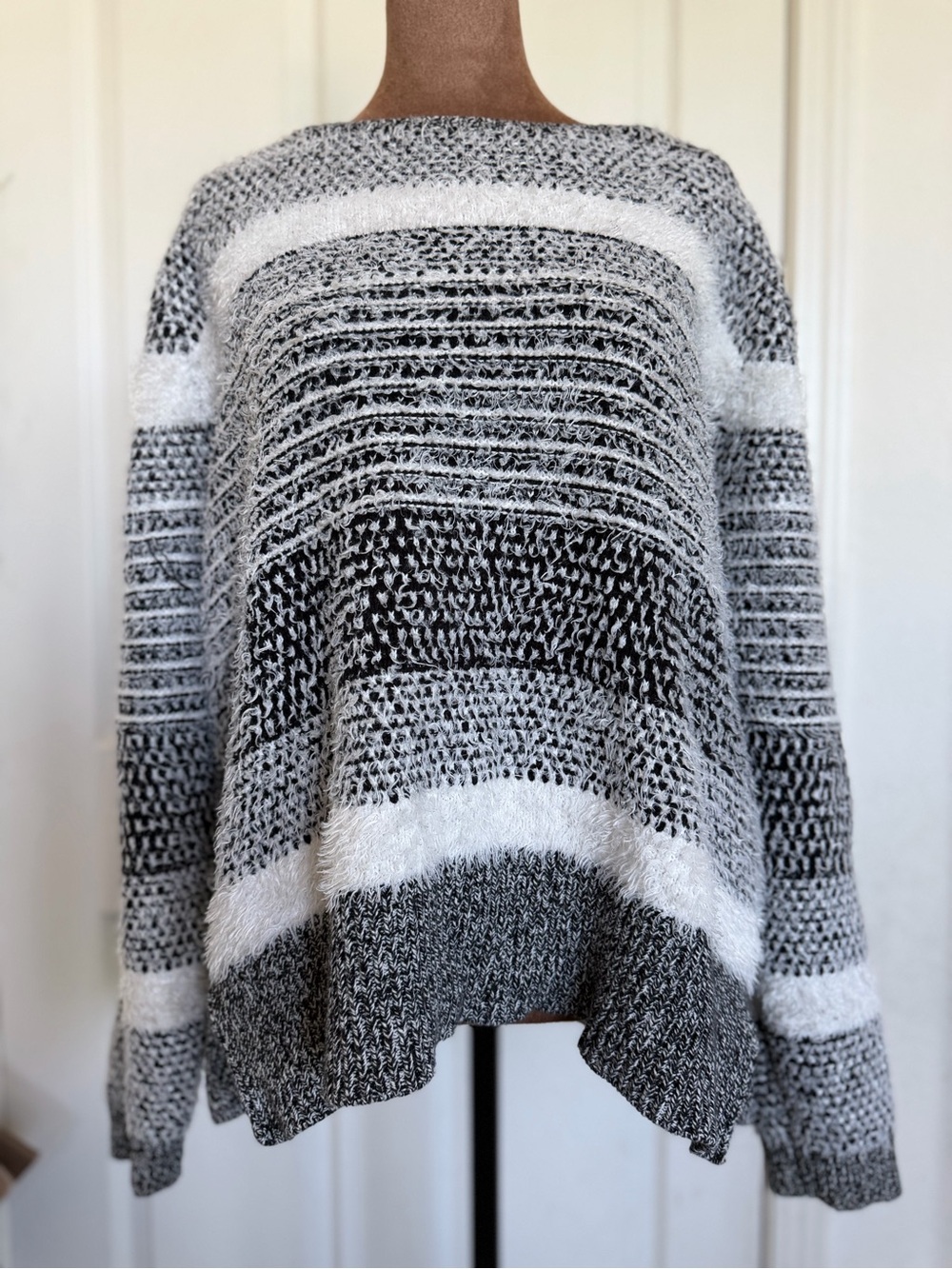 Style & Co. Fuzzy Striped Crewneck Sweater - Black & White